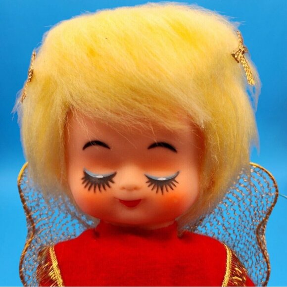 Vintage 1960s Japan Angel Tree Topper Red Velvet Gold Trim Stars Christmas Decor - Picture 2 of 9